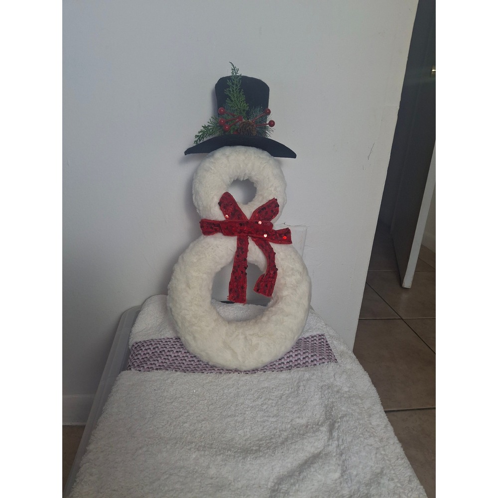 Snowman Christmas Wreath Faux Fur Door Hanger Black Top Hat Red Sequin Bow 15in